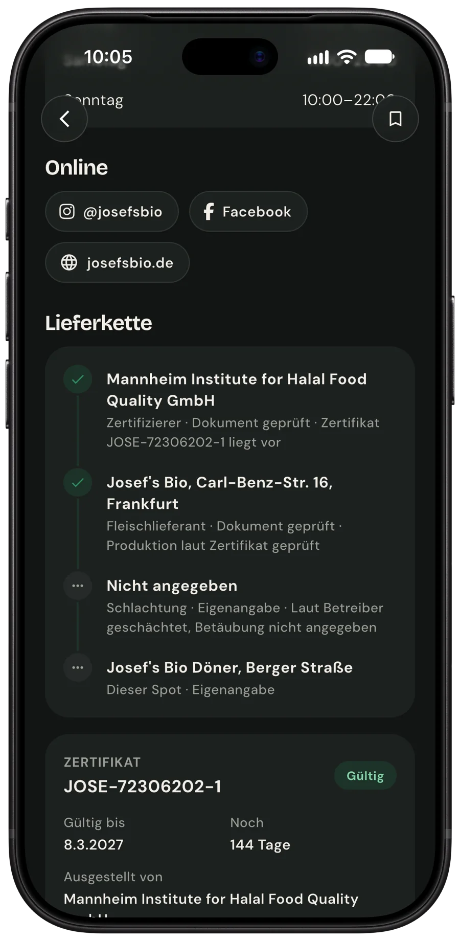 Lieferkette mit Zertifizierer, Lieferant, Schlachtung und Laden, darunter das Halal-Zertifikat