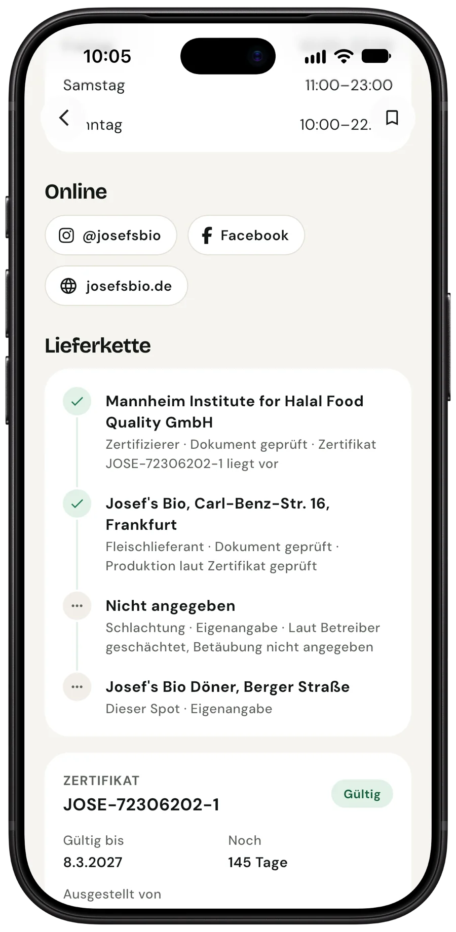 Lieferkette mit Zertifizierer, Lieferant, Schlachtung und Laden, darunter das Halal-Zertifikat